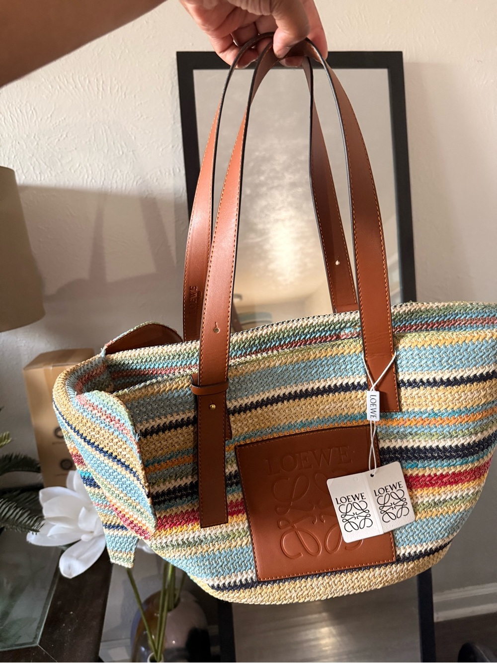 Multicolor Striped Woven Tote with Tan Leather Trim